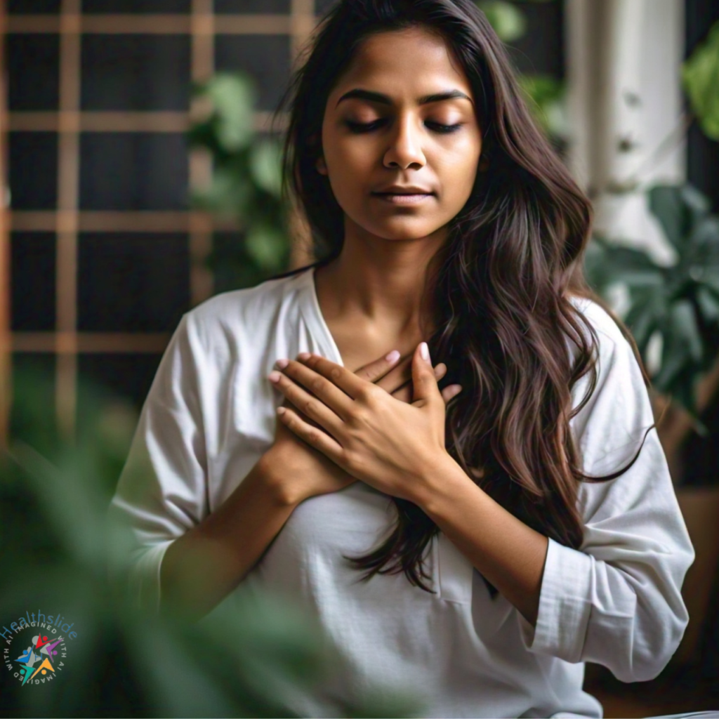 Person practicing deep breathing exercises with hands on chest and abdomen