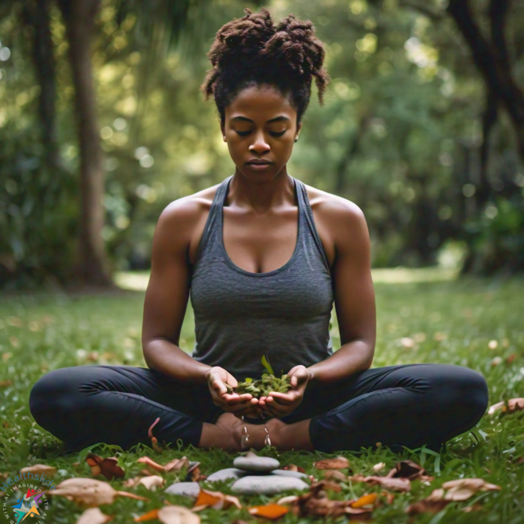 Person performing a grounding exercise outdoors, touching leaves and stones.