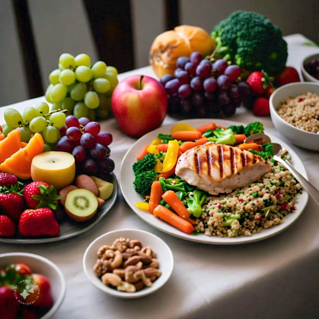 A healthy meal spread featuring fresh fruits, vegetables, and lean proteins, highlighting the connection between diet and mental health.