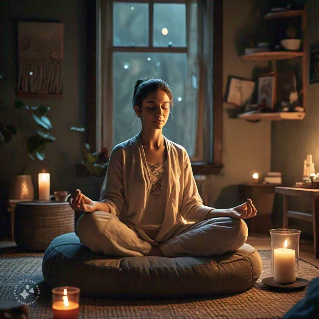 Person meditating at home in a cozy living room, illustrating the practice of meditation for mental clarity