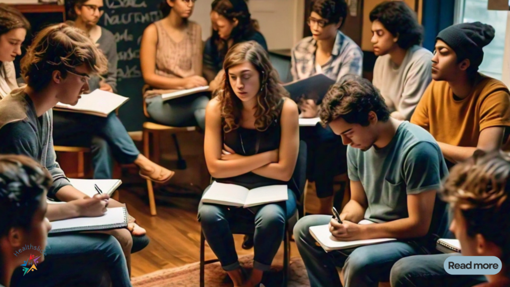 Young adults in a support group session, talking and providing emotional support